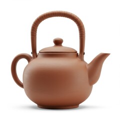 A terracotta-colored tea kettle with a simple, elegant design sits against a white background.