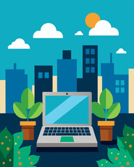 Above the bustling streets a laptop was the only sign of technology in the tranquil rooftop garden.. Vector illustration