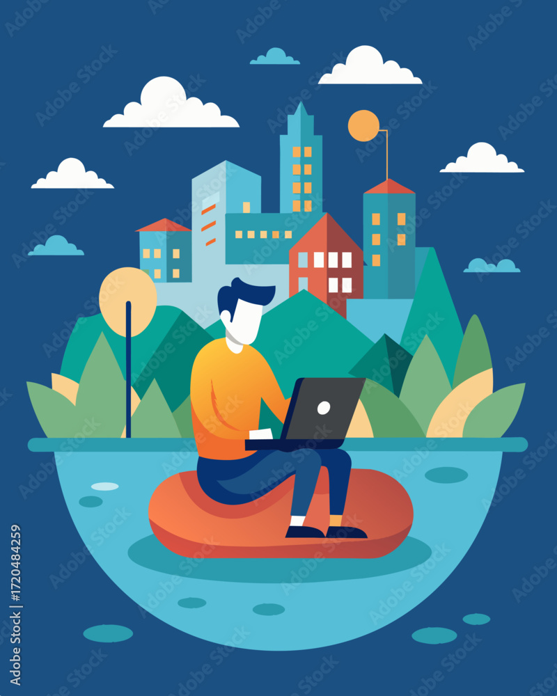 Poster an escape from the hustle and bustle of city life a digital nomad finds solace on their remote float