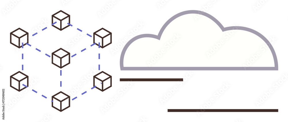 Poster abstract blockchain network structure with interconnected cubes alongside cloud icon. ideal for bloc