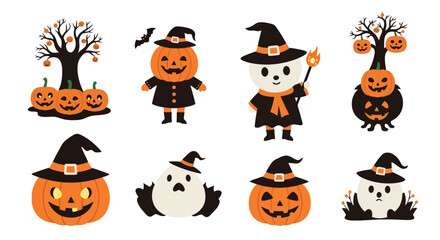 Obraz premium Cute Halloween Characters Featuring Pumpkins, Ghosts, and Witches for Festive Invitations and Children's Party Decorations, Perfect for Spooky Season Designs