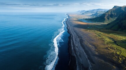 Fototapeta premium The black sand beach in Iceland. Sea aerial view and top view. Amazing nature, beautiful backgrounds and colors. 