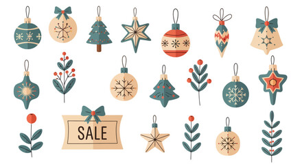 Fototapeta premium A whimsical collection of christmas ornaments with a vintage flair featuring stars, trees, and snowflakes for holiday design projects and festive promotions