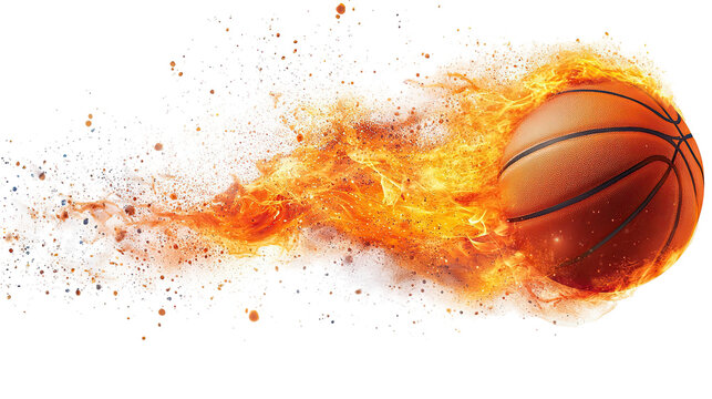 Fiery basketball unleashes explosive energy with dynamic flames in high-speed motion for sports and gaming visuals isolated on transparent background