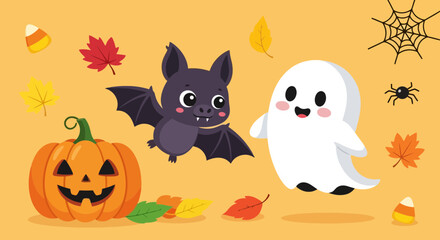 Fototapeta premium A whimsical halloween illustration featuring a smiling pumpkin, cute bat, friendly ghost, and autumn leaves for festive holiday designs