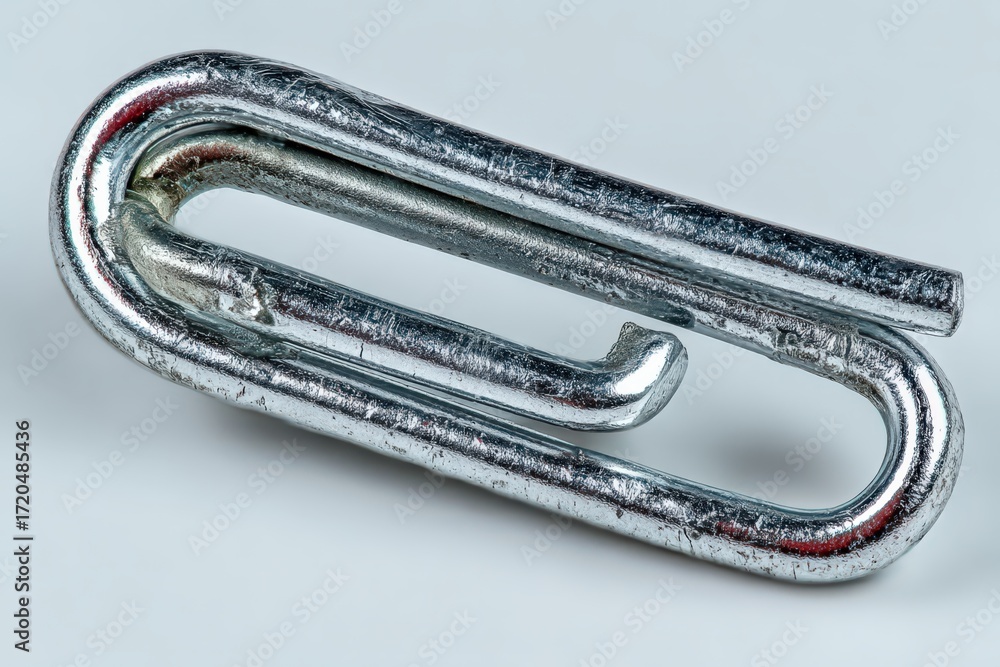 Poster captivating close-up of a chrome paperclip elegantly placed against a subtly textured surface showca