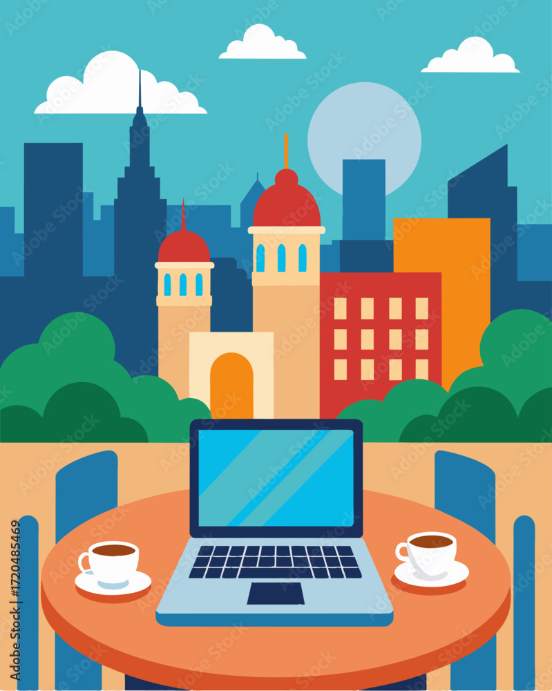 Poster a laptop on a bistro table showcasing a panoramic view of an eclectic cityscape.. vector illustratio