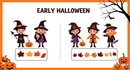 Fototapeta premium An educational halloween themed matching game for young children featuring cute cartoon witches and autumnal leaves to promote early learning
