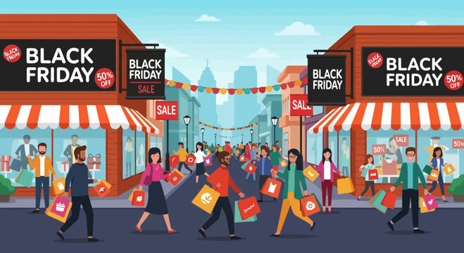 Animated city street scene featuring diverse shoppers carrying bags and signage indicating a Black Friday sale for a holiday shopping promotion