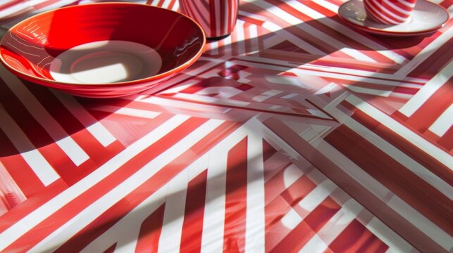 An eyecatching tablecloth featuring a bold print of parallel lines and angles.
