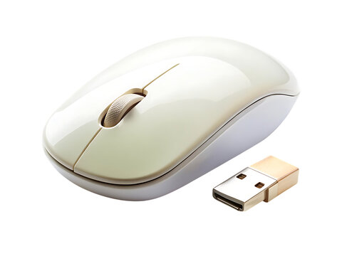 Cream colored wireless computer mouse and U S B receiver cutout png isolated on a transparent background