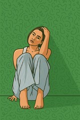 Illustration of a pensive woman with short hair sitting alone on the floor against a green wall.

