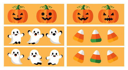 Fototapeta premium A festive assortment of halloween themed graphics featuring smiling pumpkins, cute ghosts, and colorful candy corn for seasonal decor and holiday designs