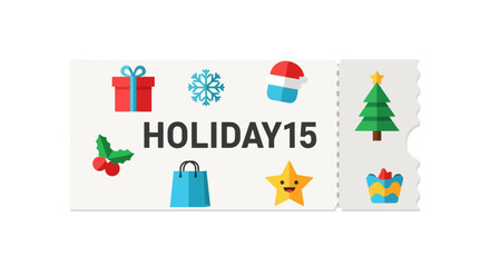 Promotional holiday discount coupon ticket featuring festive christmas symbols, ideal for seasonal marketing campaigns and retail advertising to boost sales during the holiday season