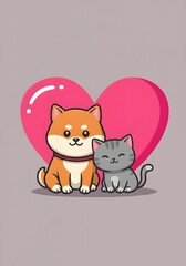 Obraz premium Cute Shiba Inu Dog and Tabby Cat Sitting Together with Pink Heart Background