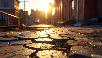 Sun-drenched urban street with textured cobblestone pathway. Buildings line the sides, fading into a blurred background bathed in golden light