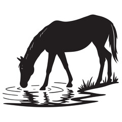 Horse drinking from pond silhouette