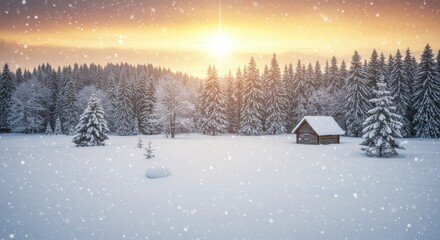 Naklejka premium A tranquil winter scene showcases a quaint wooden cabin nestled amidst a snow-covered forest, bathed in the warm glow of a sunrise.