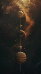 Celestial Alignment: A vertical composition showcases a conceptual arrangement of celestial bodies in a deep, cosmic space. With intricate detail, a line seemingly threads through these planets.