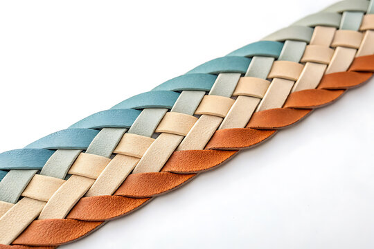 Close up of a woven leather belt with a gradient of blue tan and orange colors