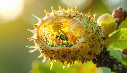 Green Insect Inside Opened Chestnut Bur