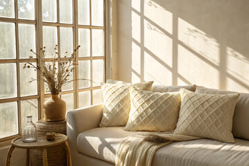 Fototapeta premium Cozy living room corner with sunlight streaming through a large window onto a sofa