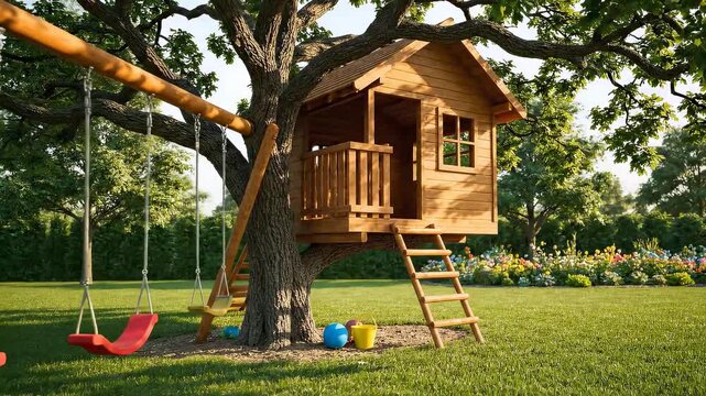 Beautiful wooden treehouse with swings in a sunny backyard.