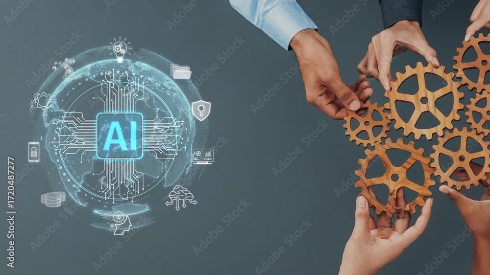 Poster this image showcases the dynamic interaction between hands and digital symbols representing artifici