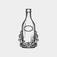 Elegant black and white illustration of a wine bottle with ornate decorative flourishes.
