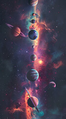 Cosmic Symphony of Celestial Bodies: A mesmerizing image showcasing the vibrant dance of planets across a star-studded galaxy, an awe-inspiring visual of cosmic beauty and celestial wonder.