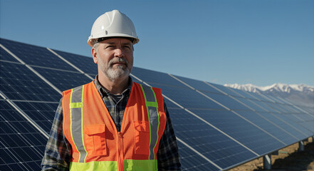 Engineer inspecting solar panel installation at solar farm with mountains in background on sunny day