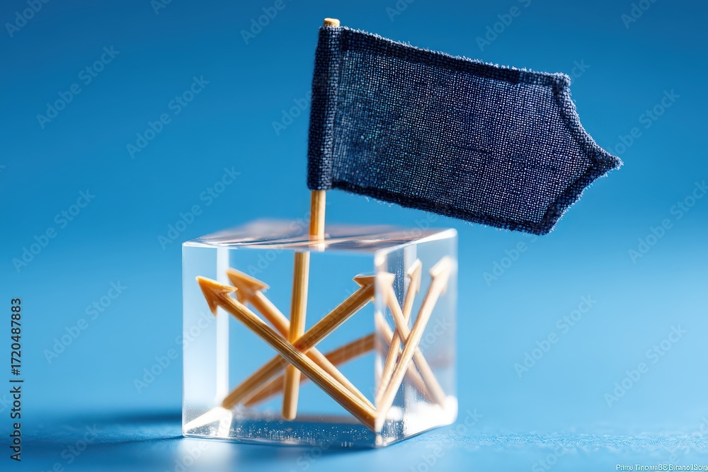 Aufkleber an innovative arrangement of wooden arrows emerging from a clear block with a small fabric flag poin