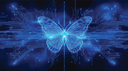 Digital Butterfly Silhouette Formed by Blue Circuit Board Lines and Lights technology.