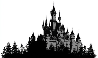 Fototapeta premium Silhouette of a fairytale castle surrounded by trees against a white background.
