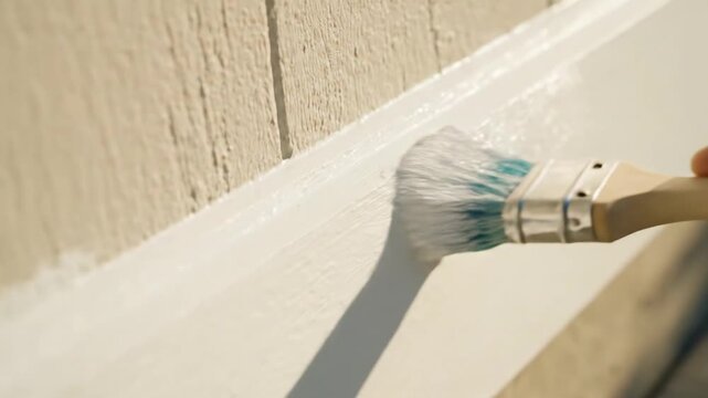 Close up of a paintbrush applying white paint to a wooden surface.