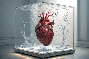 Anatomical heart displayed in a modern glass cube with bubbles and tree silhouettes