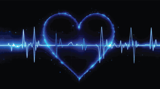 Glowing Blue Heart Silhouette with Heartbeat EKG Line on Black Background human heart cardiology.