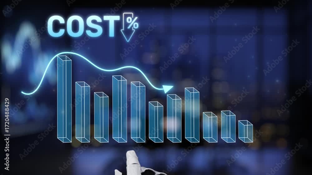 Poster a futuristic robotic hand interacts with a digital display of cost reduction statistics and graphs, 