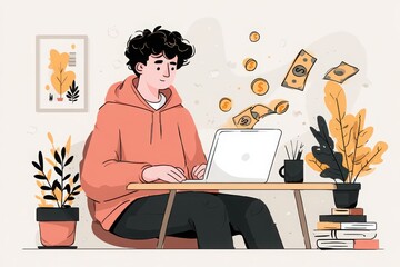 Young man working on a laptop in a cozy workspace with plants and floating money