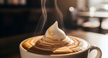 Steaming Latte Art Coffee Cafe.