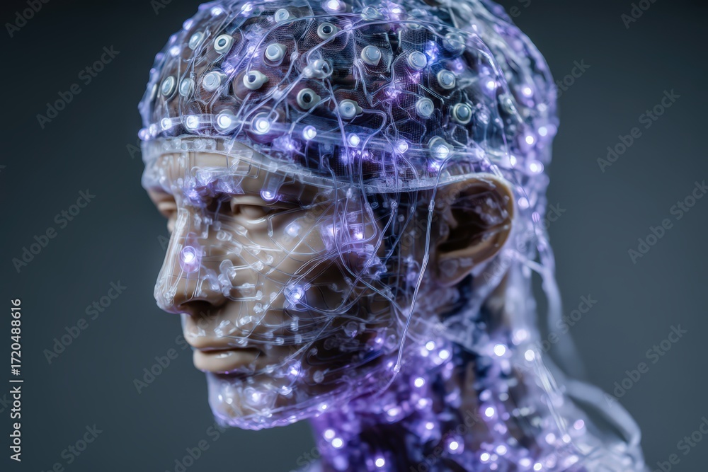 Poster portrait of a human-like figure displaying intricate brain wave mapping with glowing neural connecti