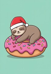 Cute Sloth Sleeping on a Pink Donut with Santa Hat - Christmas Holiday Illustration