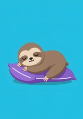 Cute Sloth Sleeping Peacefully on a Purple Pillow, Vector Illustration