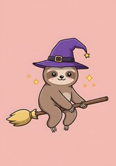 Cute Sloth Witch Flying on Broomstick with Stars