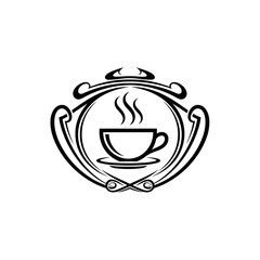 A black and white line art logo of a steaming coffee cup in an ornate, elegant Art Nouveau frame.