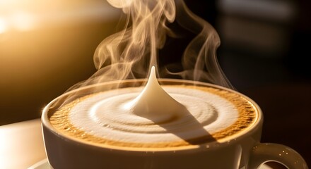 Steaming Latte Art Coffee Cup.