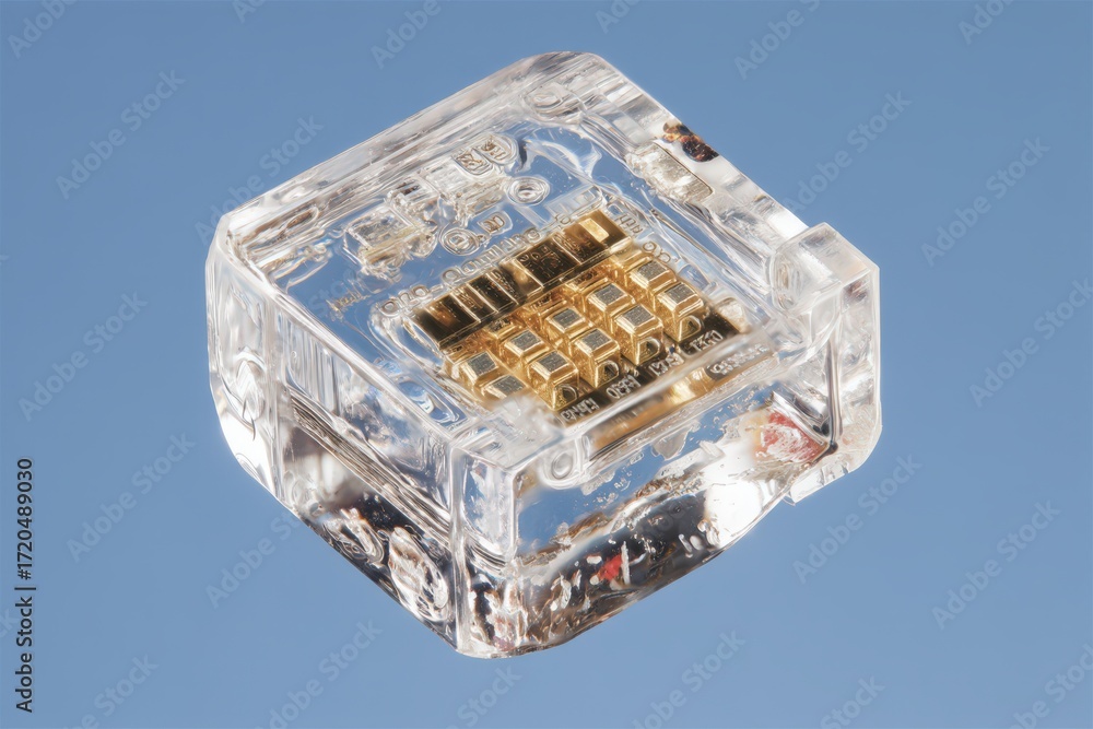 Poster optical clarity of a sophisticated microprocessor encapsulated in transparent resin showcasing intri
