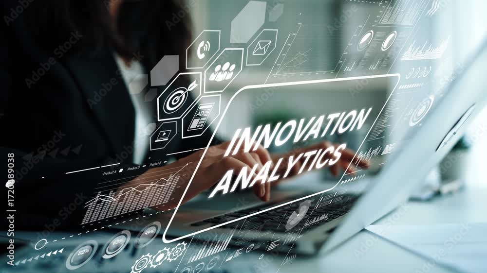 Poster Business Professional Engaging in Data Analytics with Digital Innovation Graphics on Laptop Screen. Asymptotic smart data analytic.