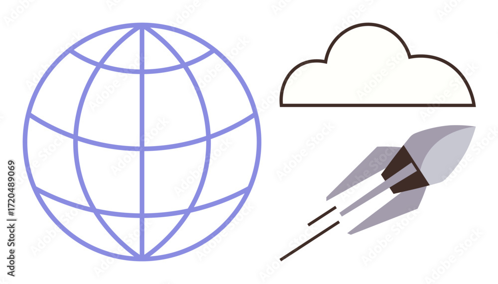 Poster globe symbolizing connectivity, rocket indicating innovation or progress, and cloud denoting data or