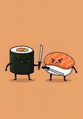 Cute Sushi Characters Arguing with Swords: Salmon Nigiri vs Maki Roll